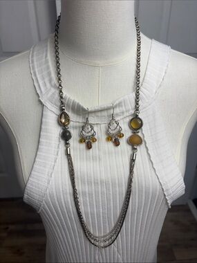 Layered Silver Necklace with Amber-Toned Gem Accents
